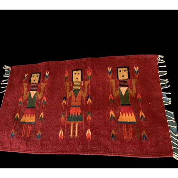 Vintage Zapotec Rug Women of the Cornfield Red Hand Woven Wool 23 x 41 Fringed - Picture 12 of 13